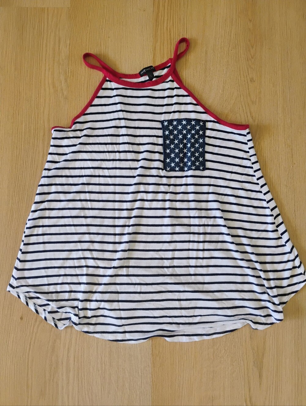 Striped Tank Top with Star Pocket - Red Trim 4th Of July Americana
